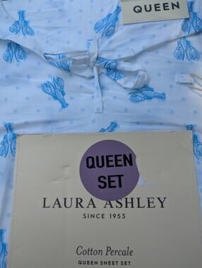 Laura Ashley QUEEN Sheet set 100% cotton percale lobster polka dot blue sheets